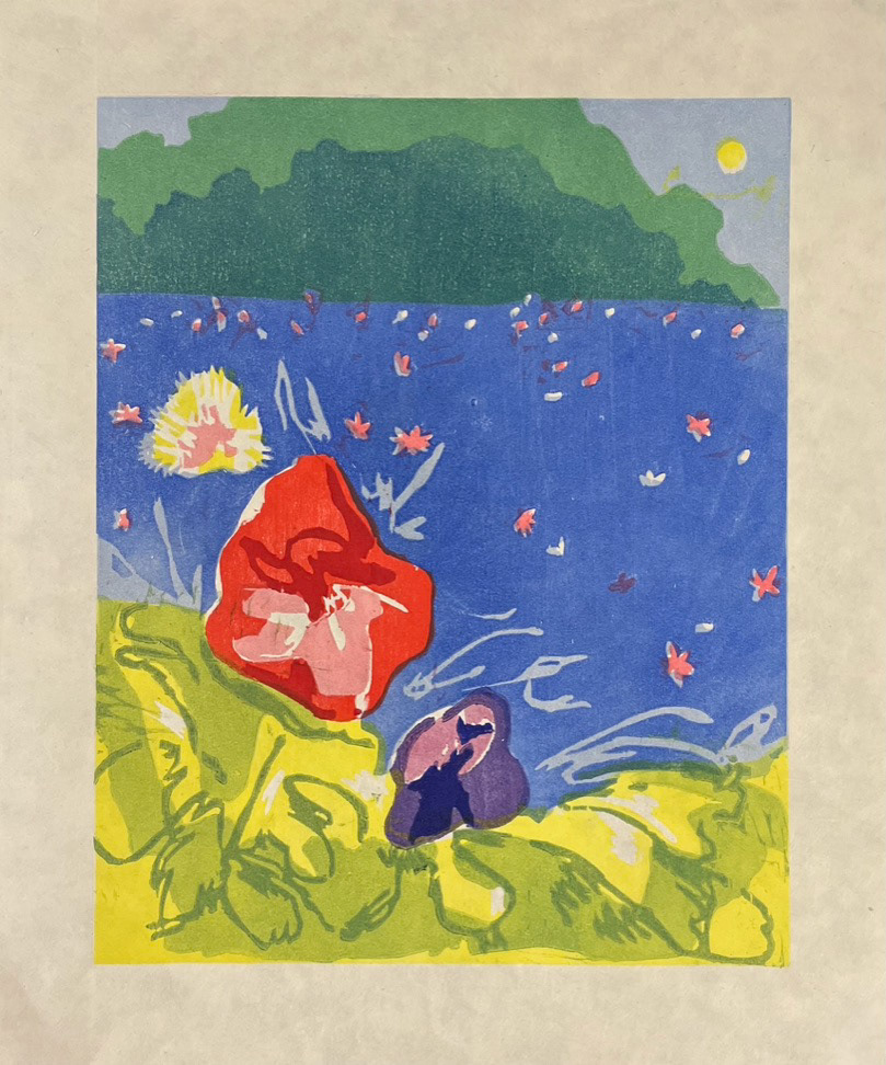 Flowers by the Pond. Woodcut.