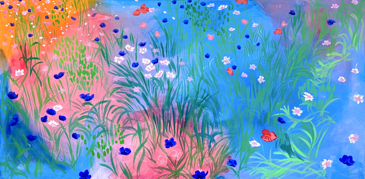 Evening Meadow. Acrylic on Canvas. 24 x 48 in. 2021.