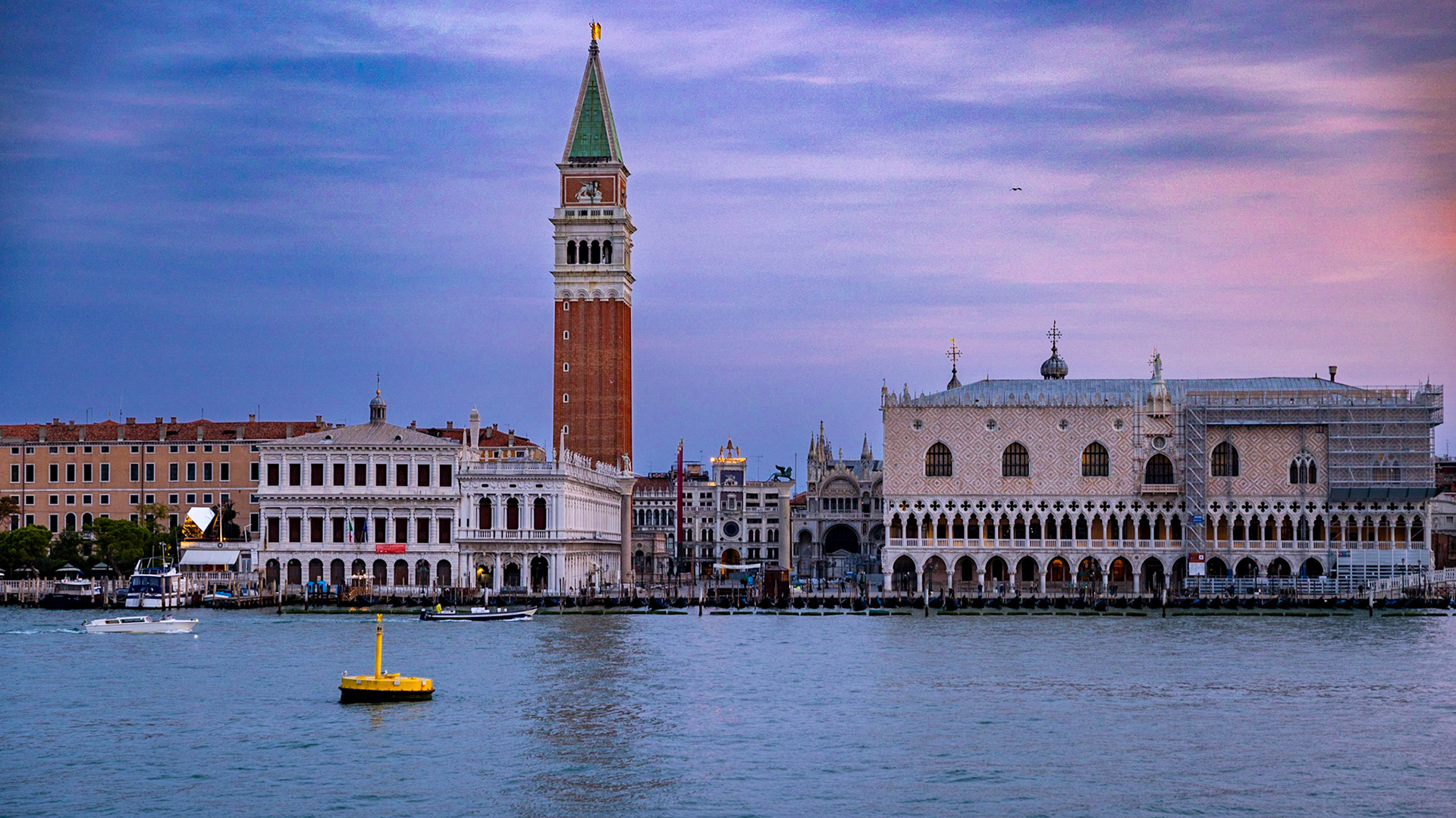 Sailing into Venice; Tower of St. Mark's Basilica and Doge's Palace