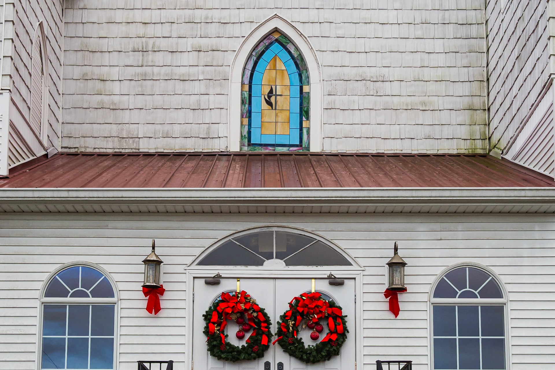 Stained glass and architectural details of Woodbury United Methodist Church in Woodbury, Georgia, in December 2015
