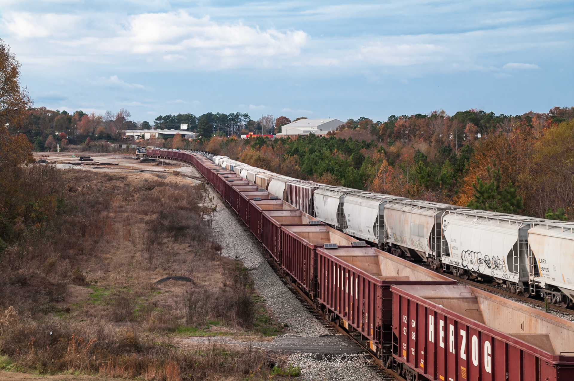 Freight cars in the railroad yard at Manchester, Georgia, photographed in November 2013