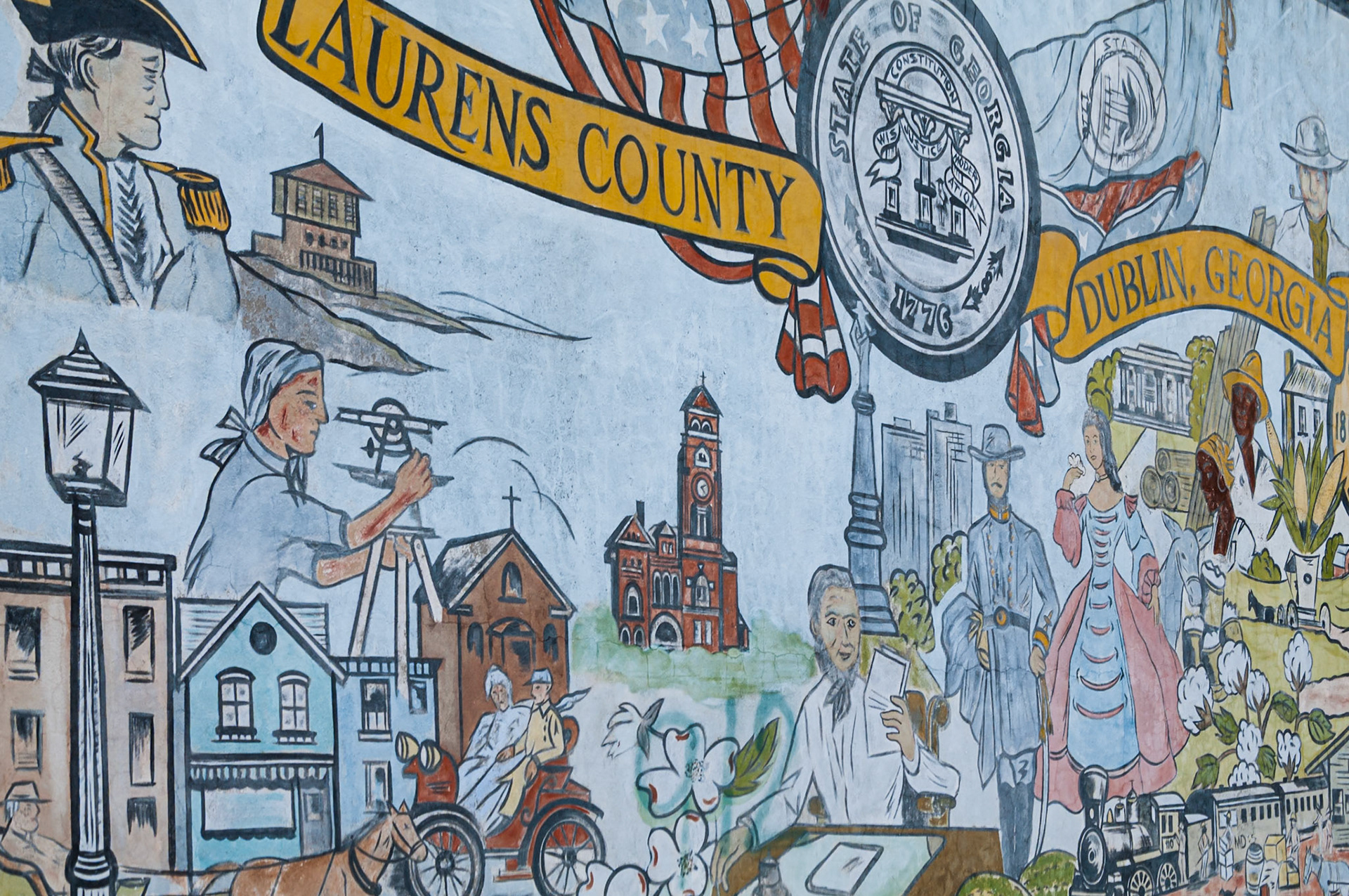 A mural depicting the history of Dublin and Laurens County, Georgia, photographed in June 2014