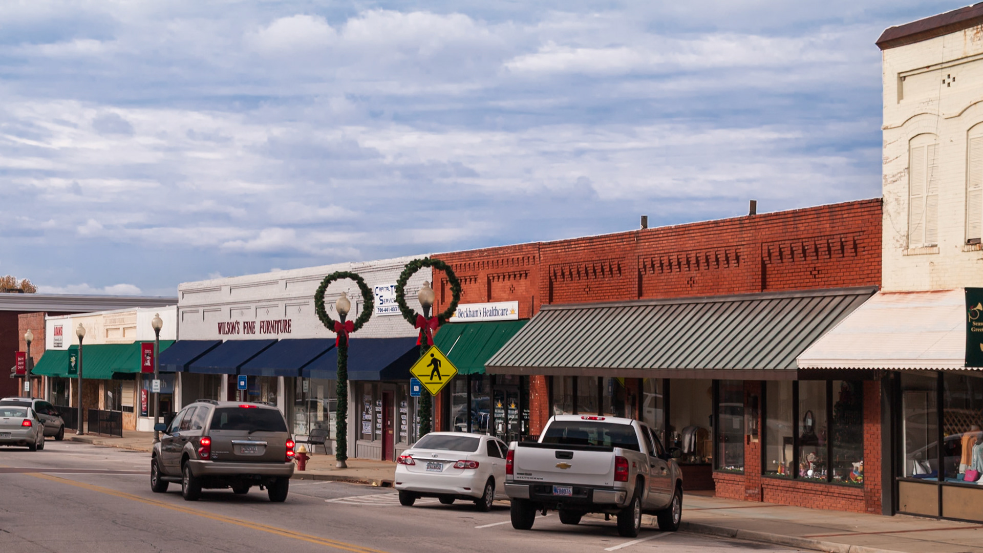Commercial buildings along a downtown street in Manchester, Georgia, decorated for the Christmas season in November 2013