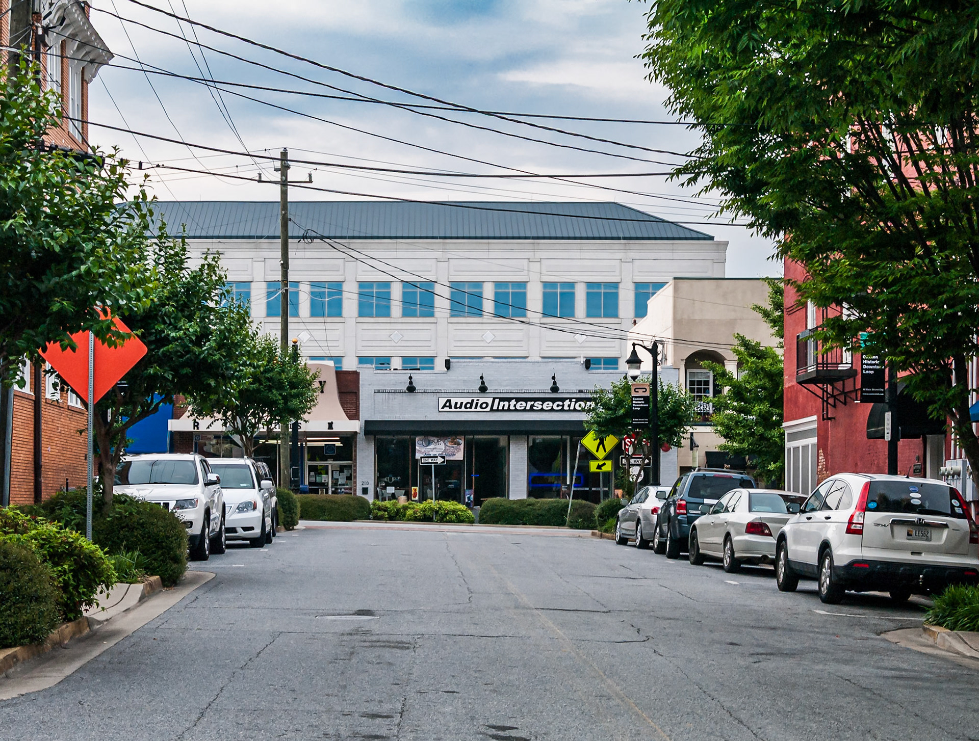 A downtown street in Canton, Georgia, looking toward commercial buildings in May 2014