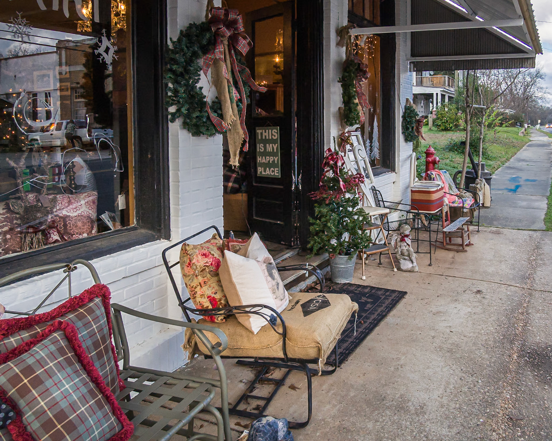 Antiques and holiday decorations displayed outside a shop in downtown Woodbury, Georgia, in December 2015