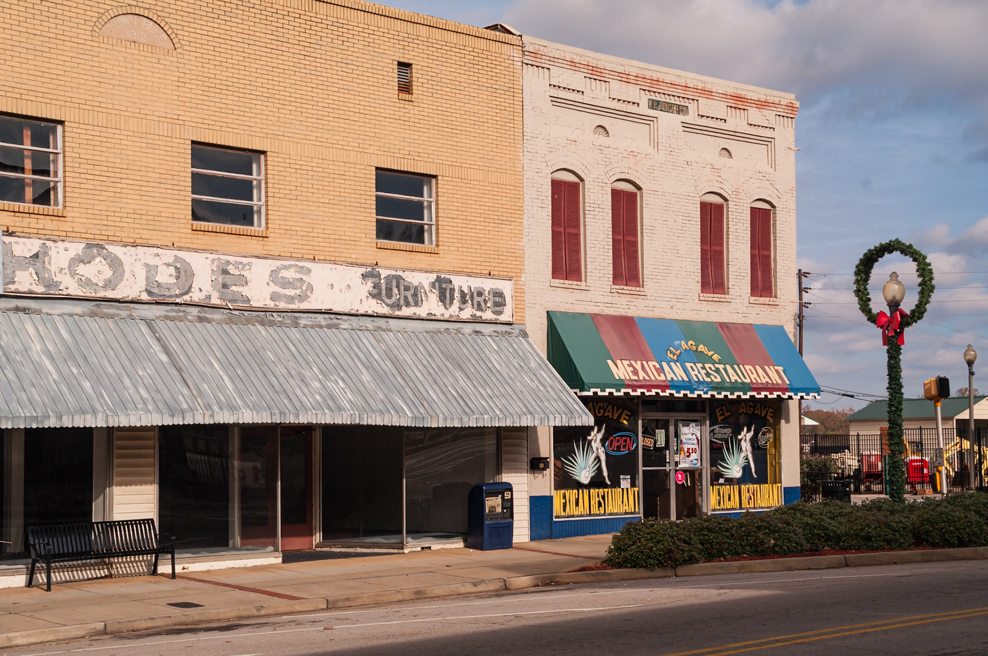 El Agave Mexican Restaurant beside a former furniture store in downtown Manchester, Georgia, photographed in November 2013