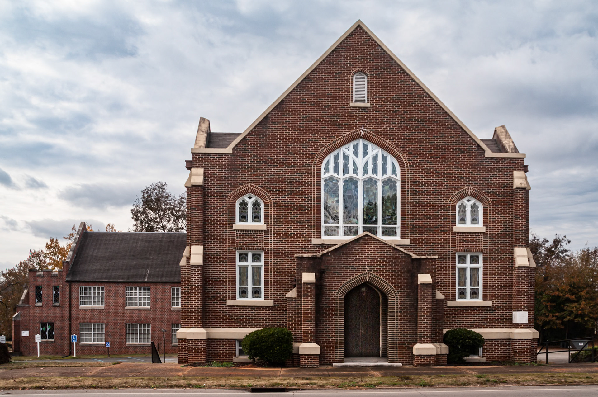 Brick Gothic Revival church in Manchester, Georgia, photographed in November 2013