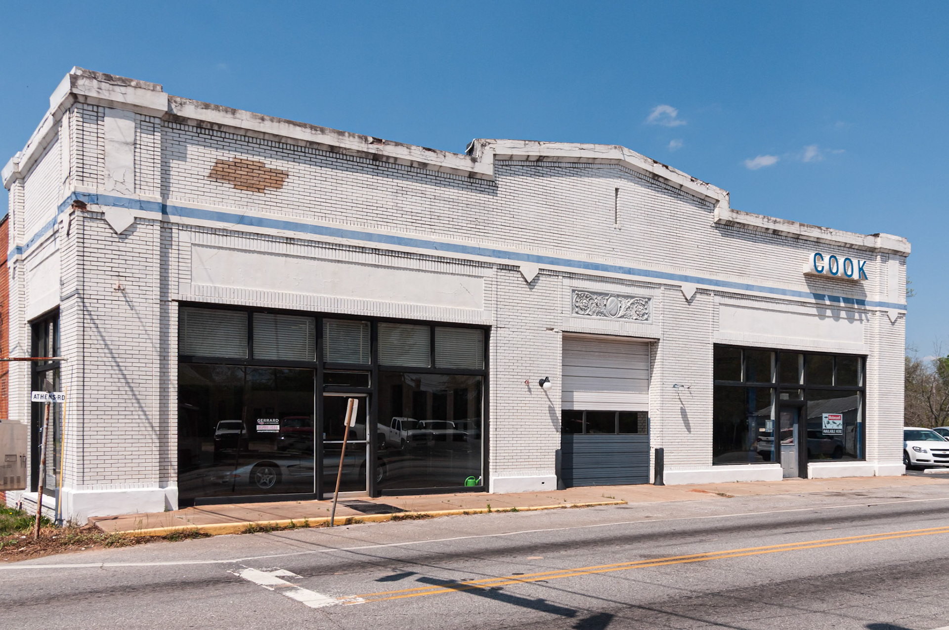 The former Cook Motor Company automobile dealership in Crawford, Georgia, photographed in April 2014