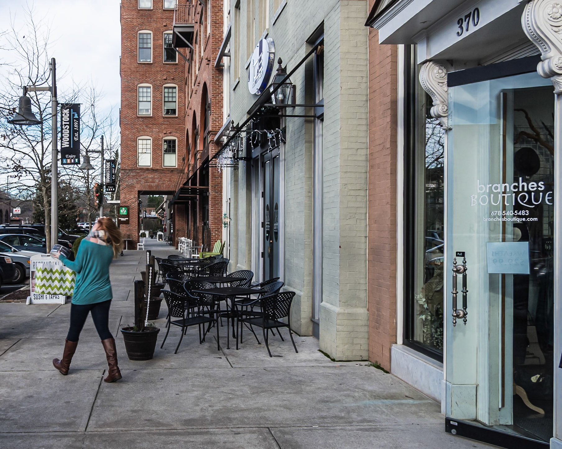 Branches Boutique and the downtown Woodstock streetscape in January 2016