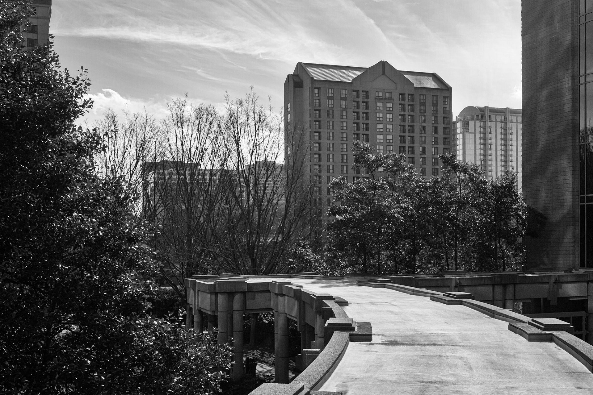 A black-and-white view of buildings and landscaping in Midtown Atlanta