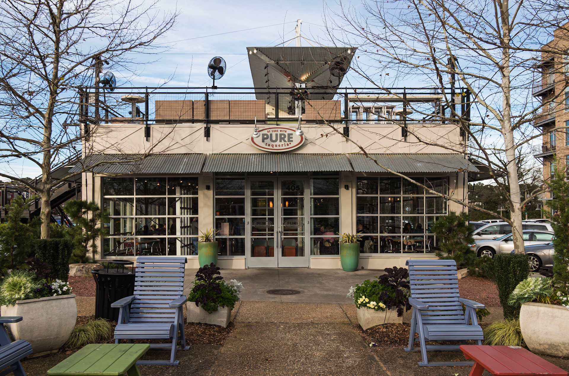 Pure Taqueria and a downtown Woodstock gathering area in January 2016