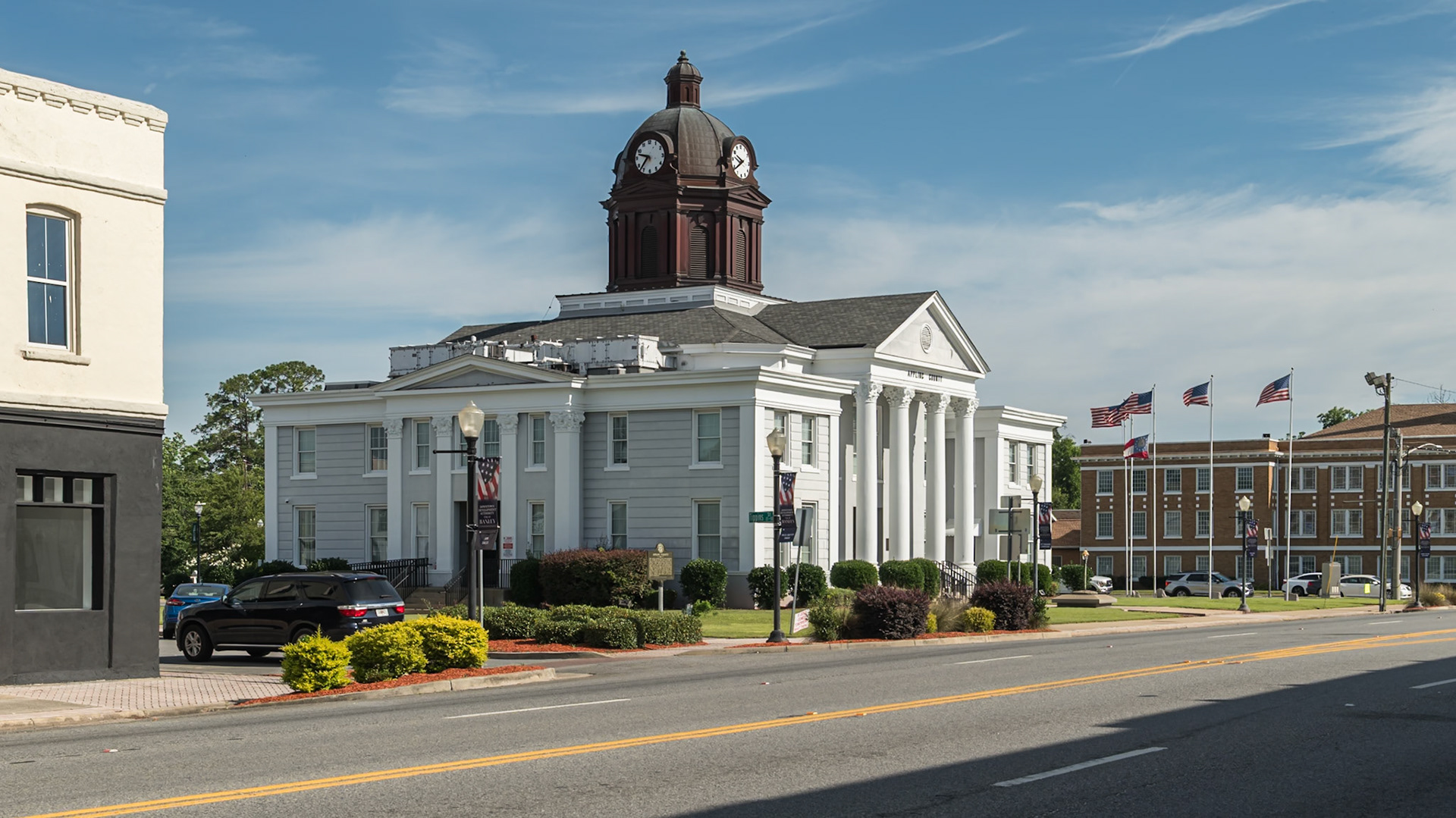 The Appling County Courthouse and surrounding civic buildings in downtown Baxley, in June 2024