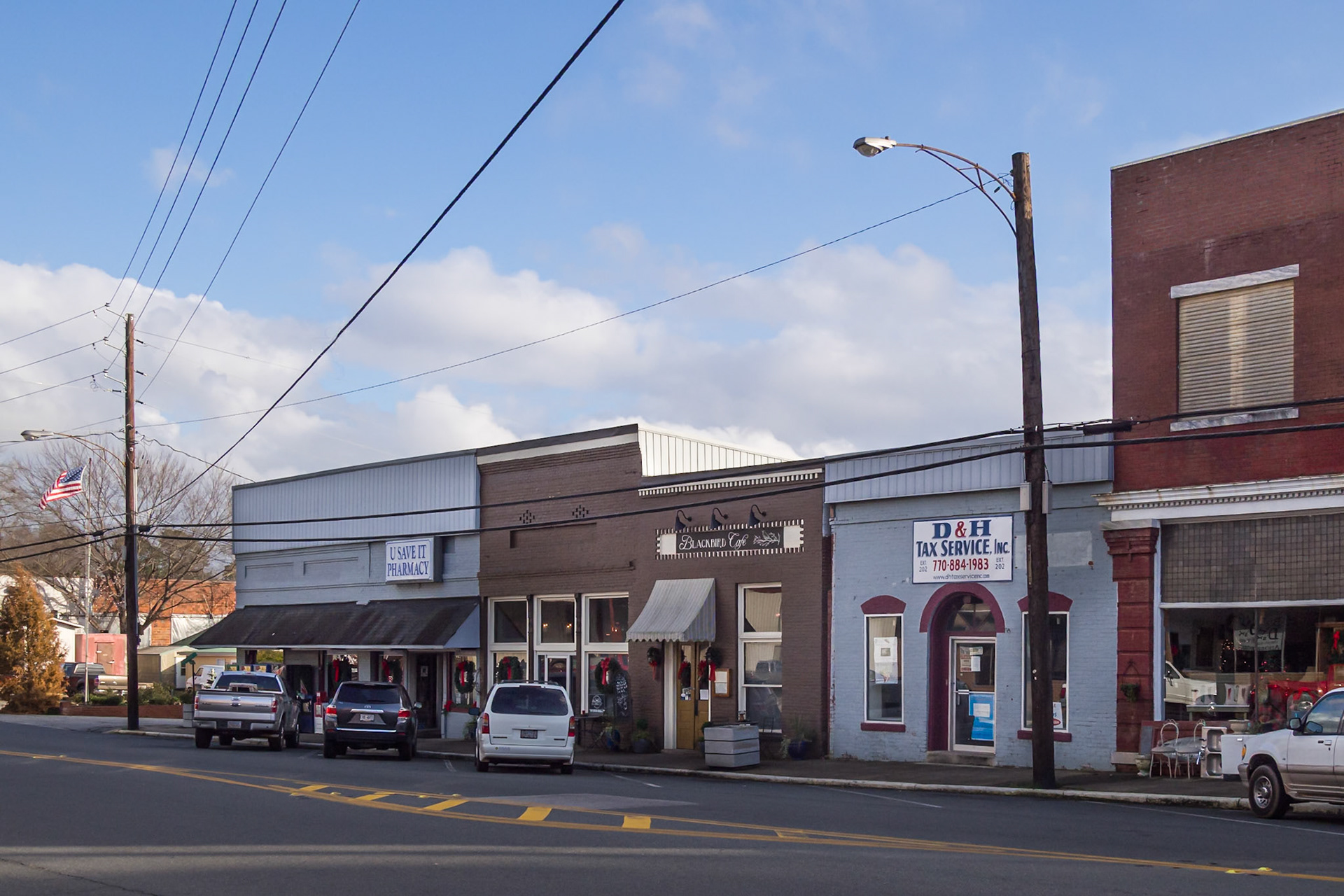 A row of commercial storefronts in downtown Woodbury, Georgia, in December 2015