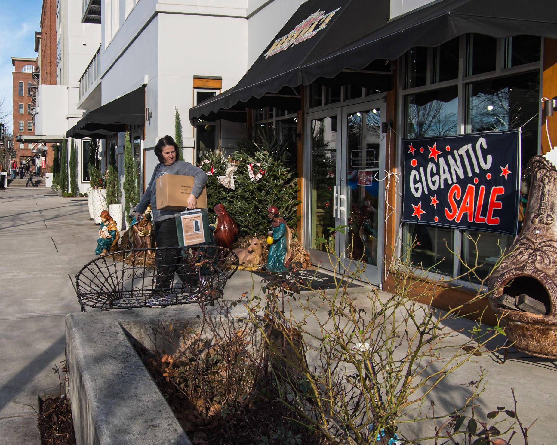 A downtown Woodstock storefront and sidewalk display in January 2016