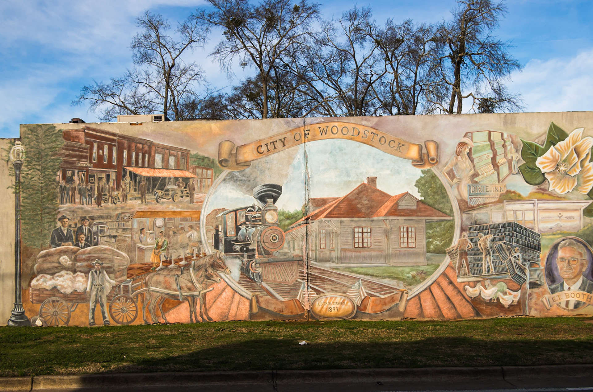A mural depicting the history of Woodstock in January 2016