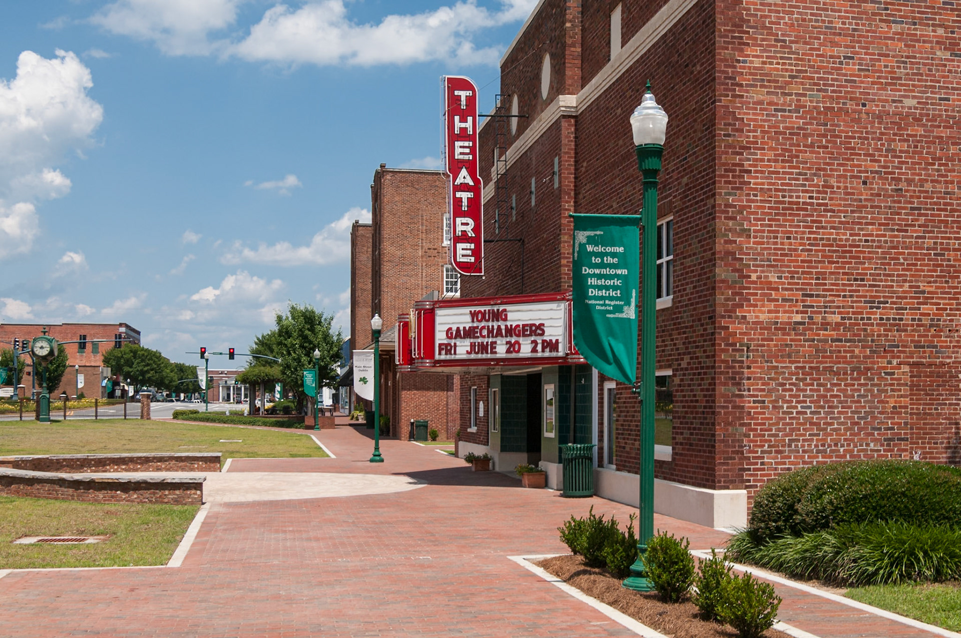 Theatre Dublin and the surrounding downtown streetscape in Dublin, Georgia, photographed in June 2014