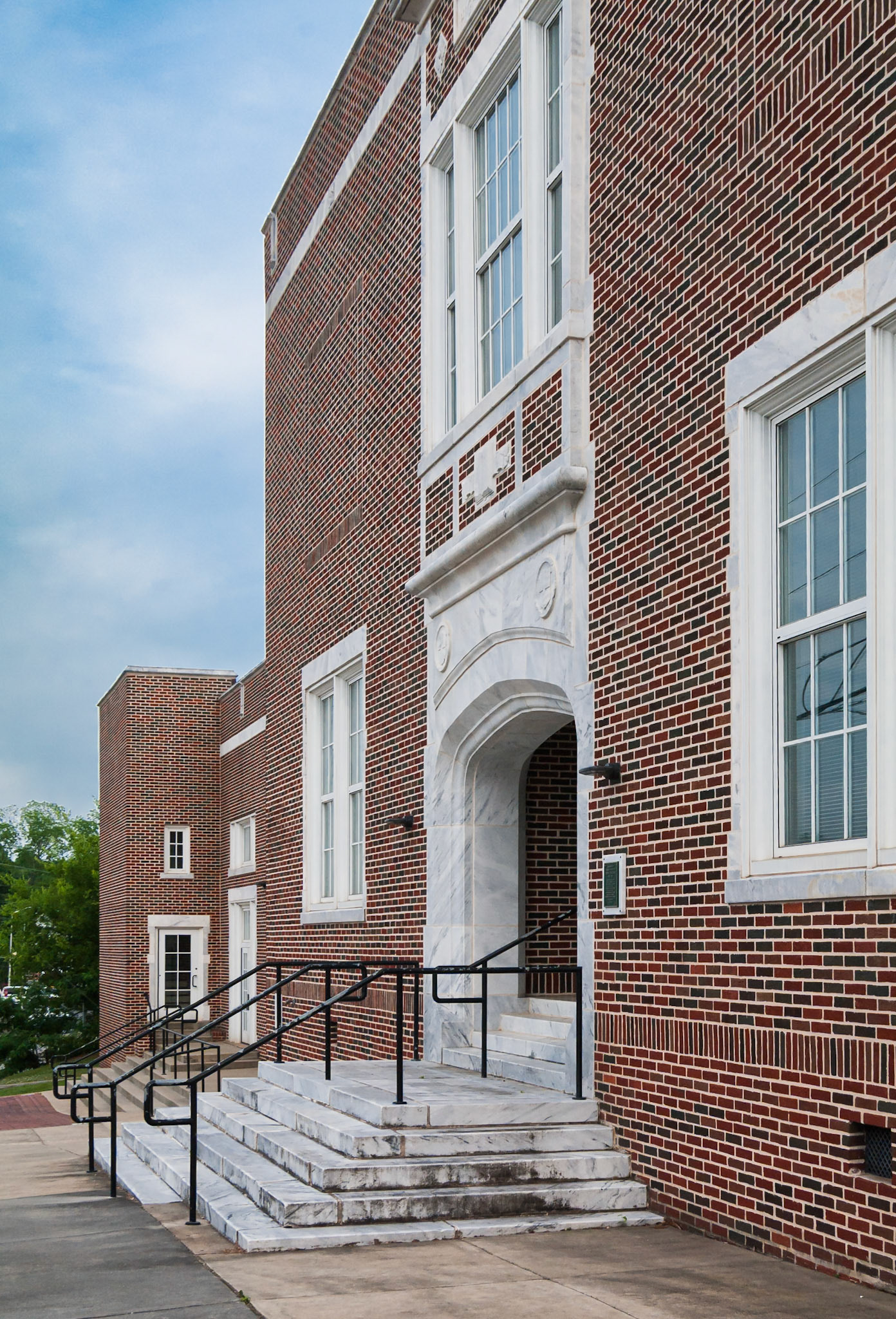 Architectural detail of a brick institutional building in Canton, Georgia, photographed in May 2014