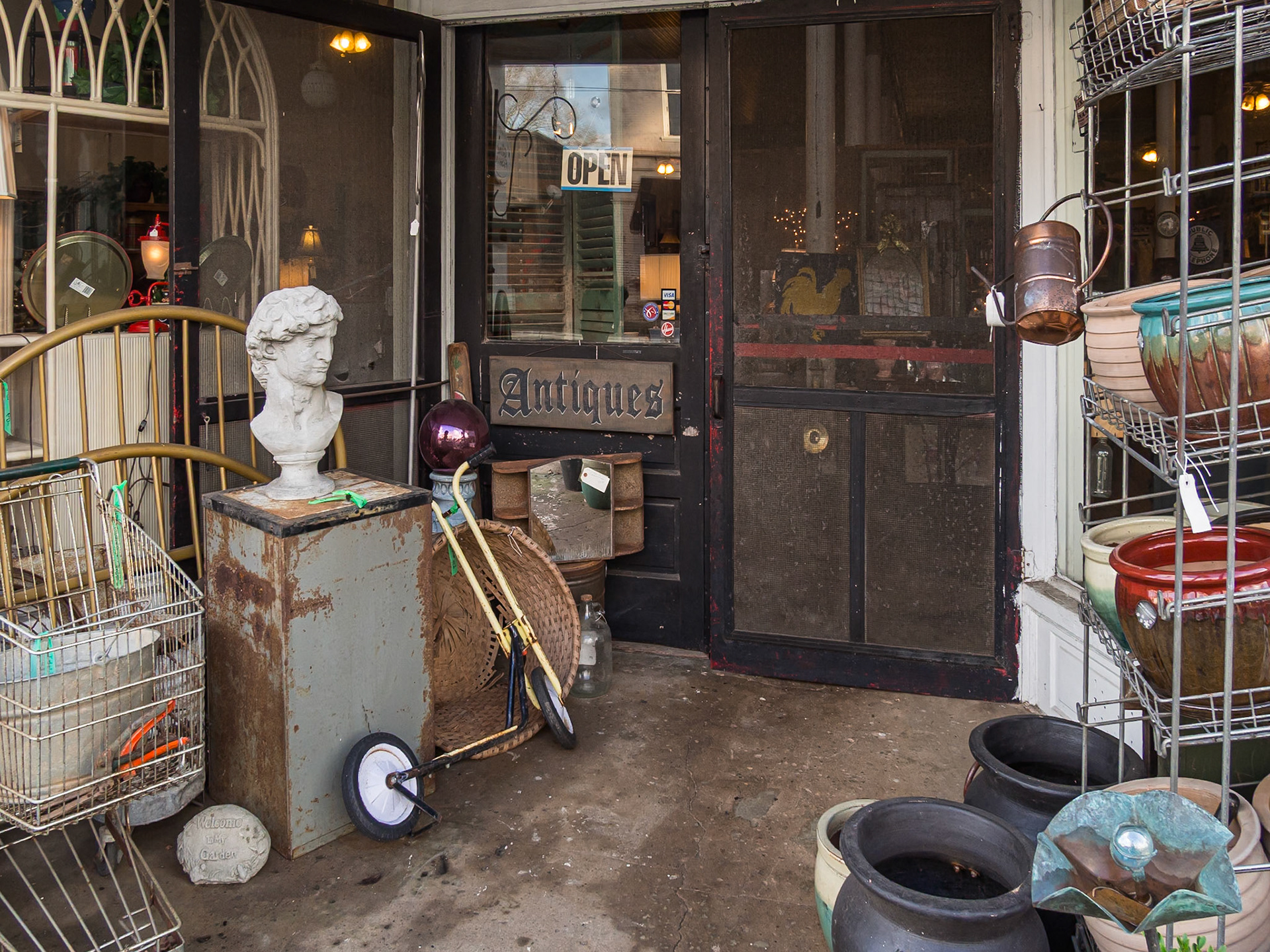 Antiques and decorative objects displayed at the entrance to Antiques on Main in Woodbury, Georgia, in December 2015