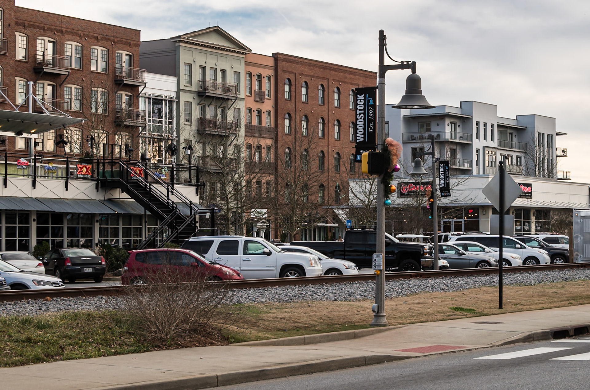 Downtown Woodstock and newer mixed-use development viewed across the railroad tracks in January 2016