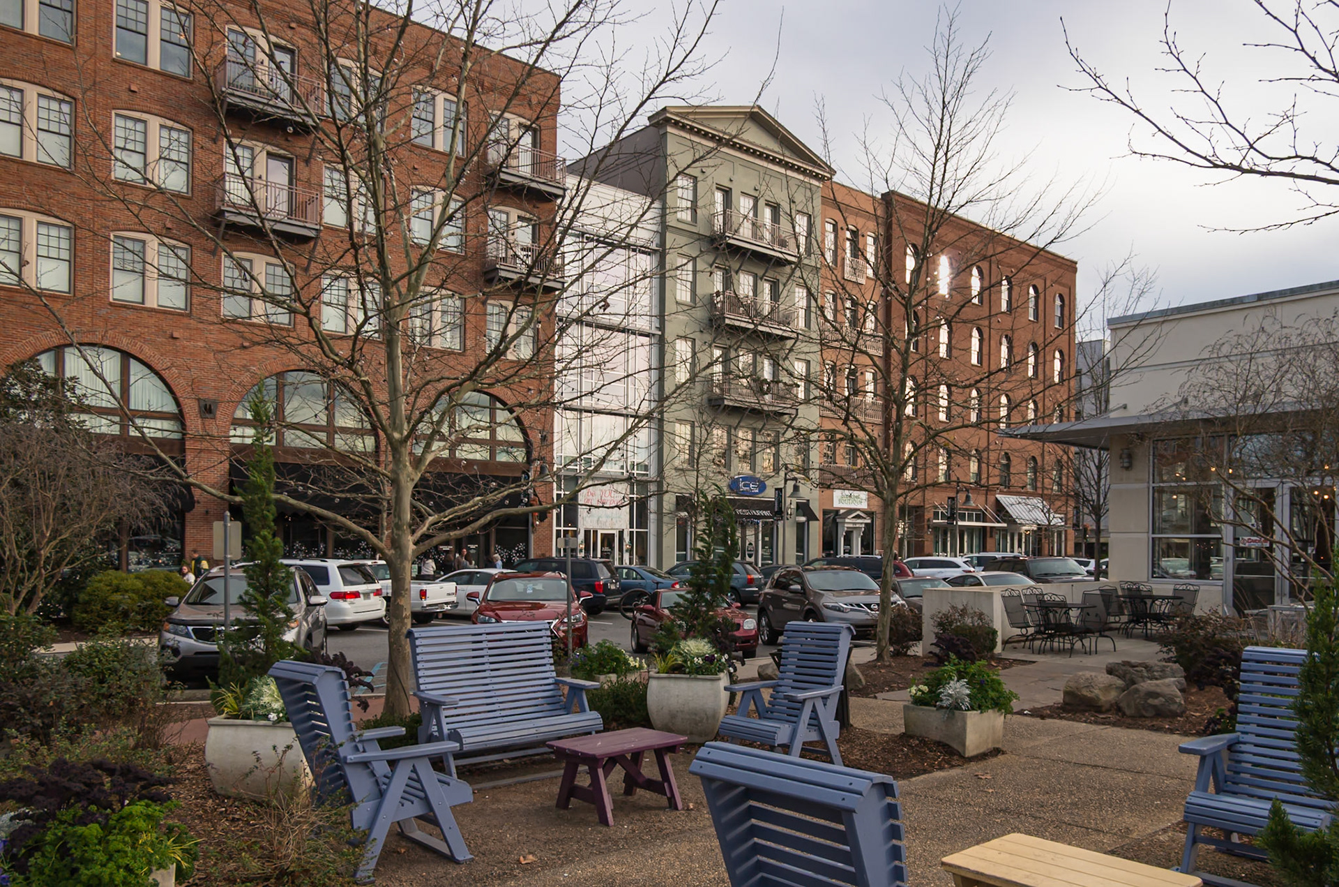 A landscaped pedestrian gathering area in downtown Woodstock in January 2016