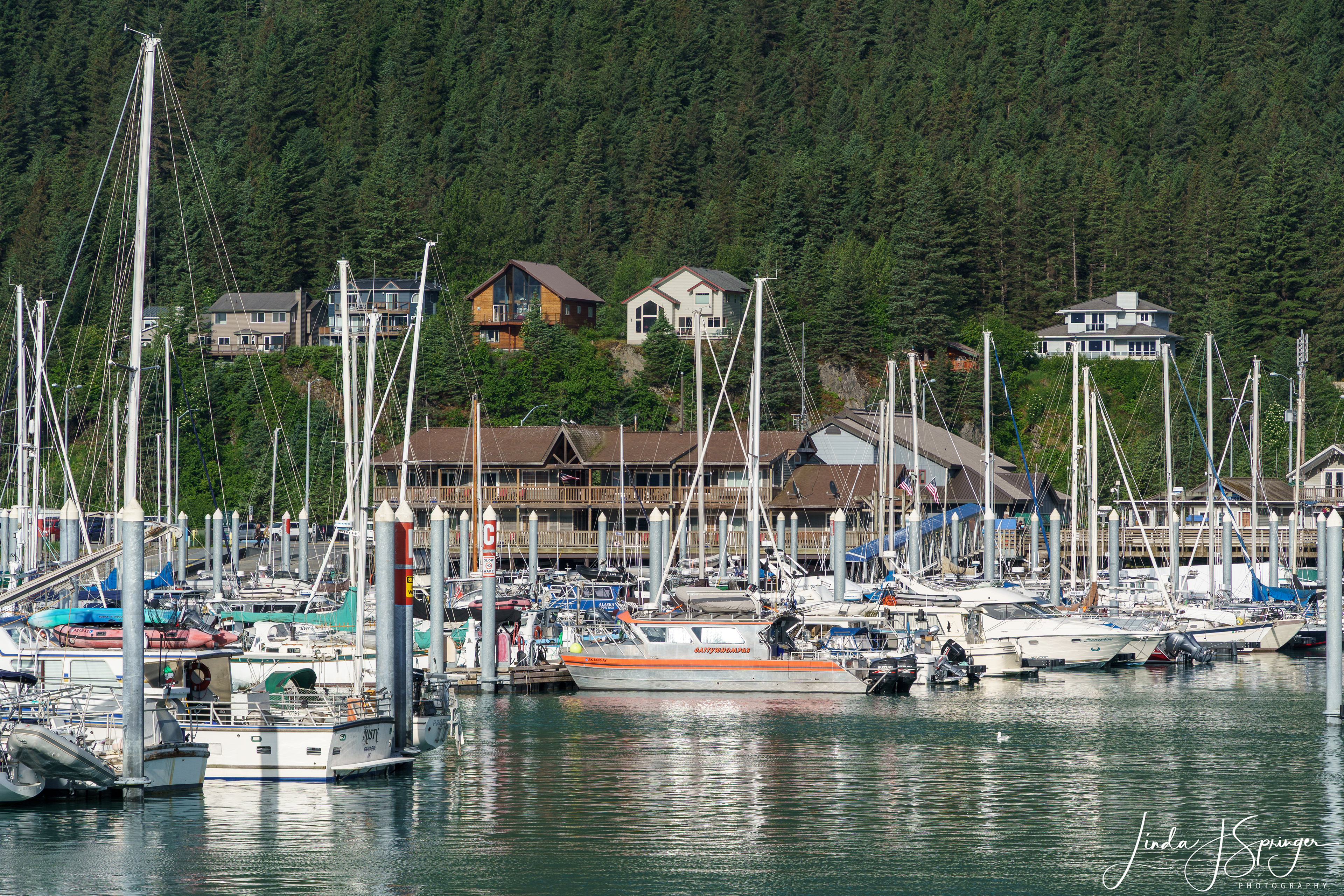 View of our lodge (long brown building) as we depart Seward
