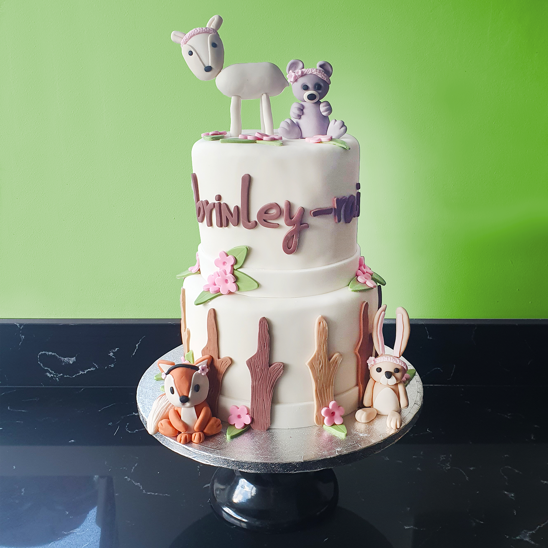Two Tier Fondant Woodland Animal Vanilla 1st Birthday Cake