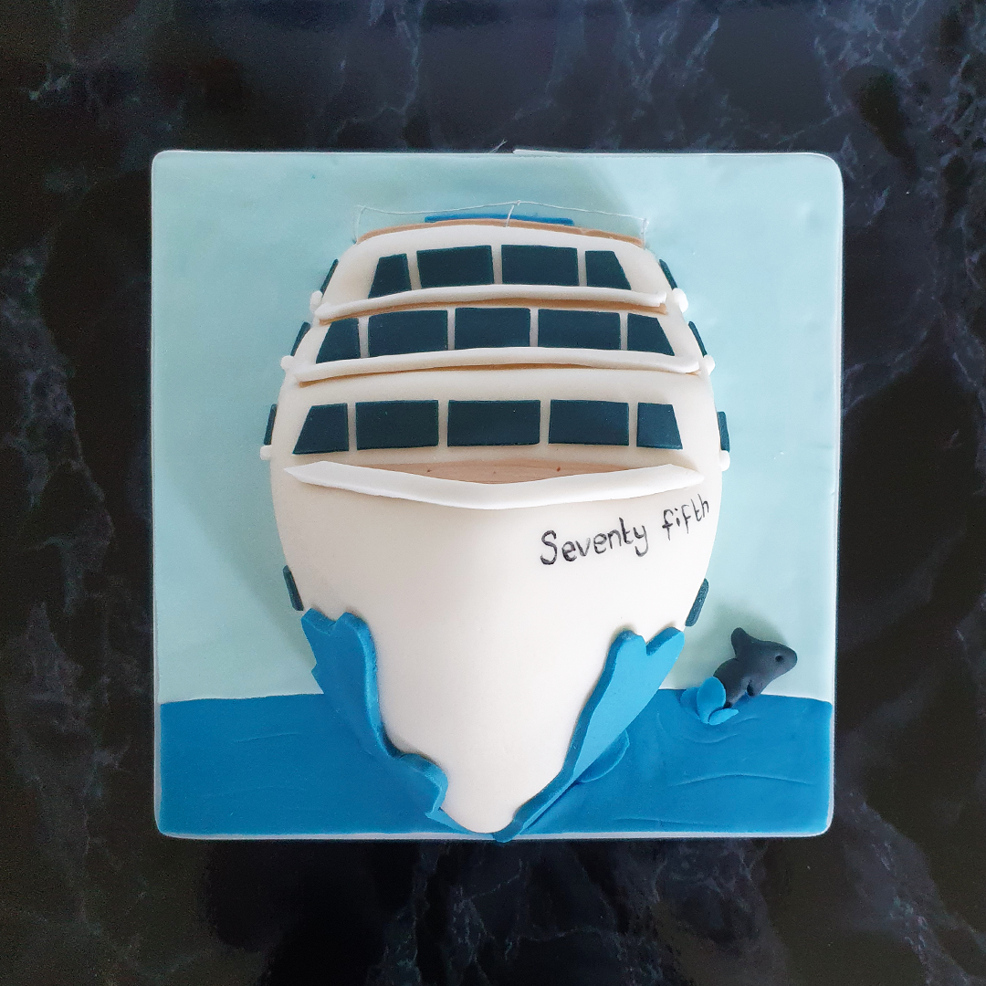 Cruise Ship Shaped Vanilla Fondant 75th Birthday Cake