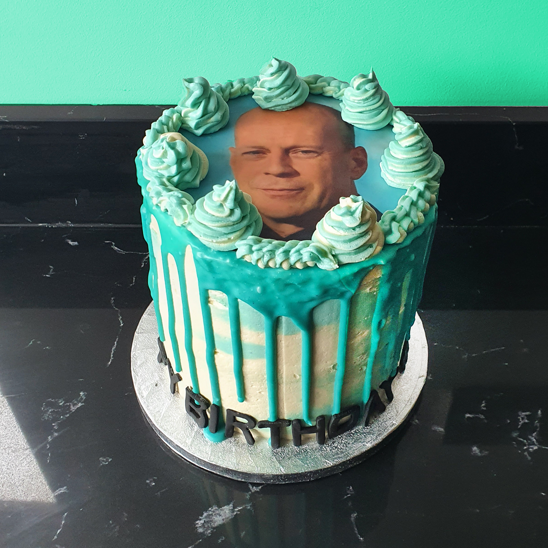 Bruce Willis Blue Drip Buttercream Vanilla Birthday Cake