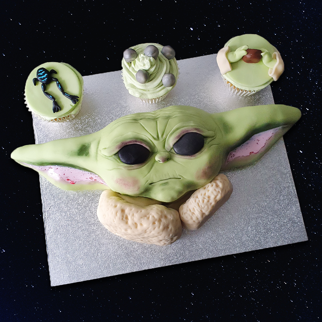 Star Wars Baby Yoda Shaped Vanilla Cake & Cupcakes