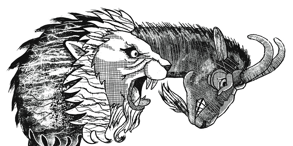 Detail of the Lion and Goat heads of the Chimera