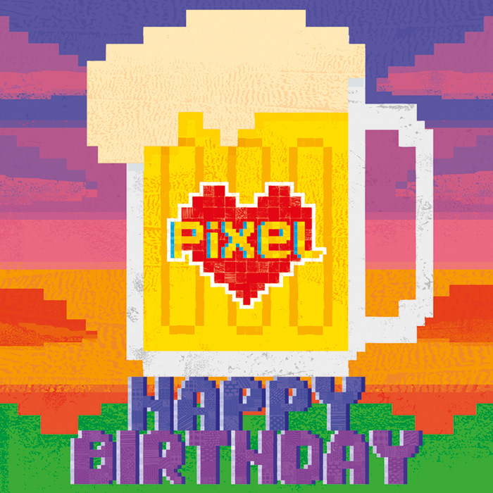 Pixel Love card: The big birthday beer in the sky
