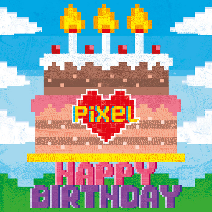 Pixel Love card Big birthday cake in the sky