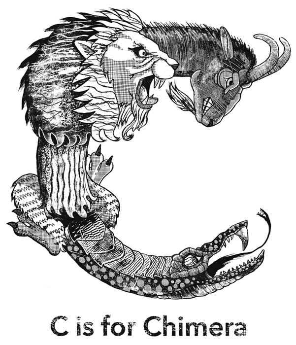 Illustration of a Chimera in the shape of the letter C