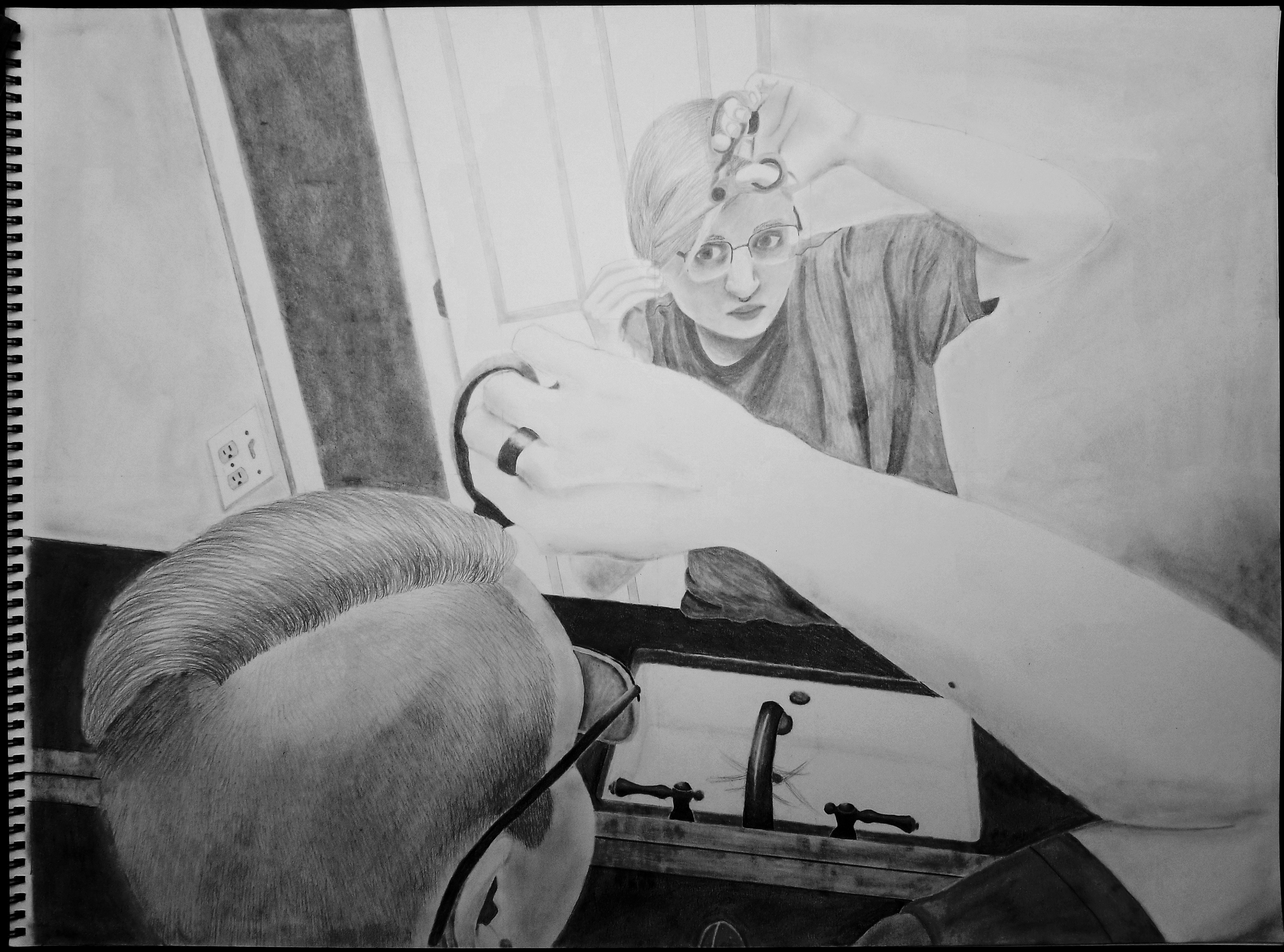 A black and white drawing of a young man looking in the mirror and cutting his own hair with scissors. The view is from behind and slightly above the man, so that the back of his head is visible as well as his reflection, and there are locks of cut hair in the sink.