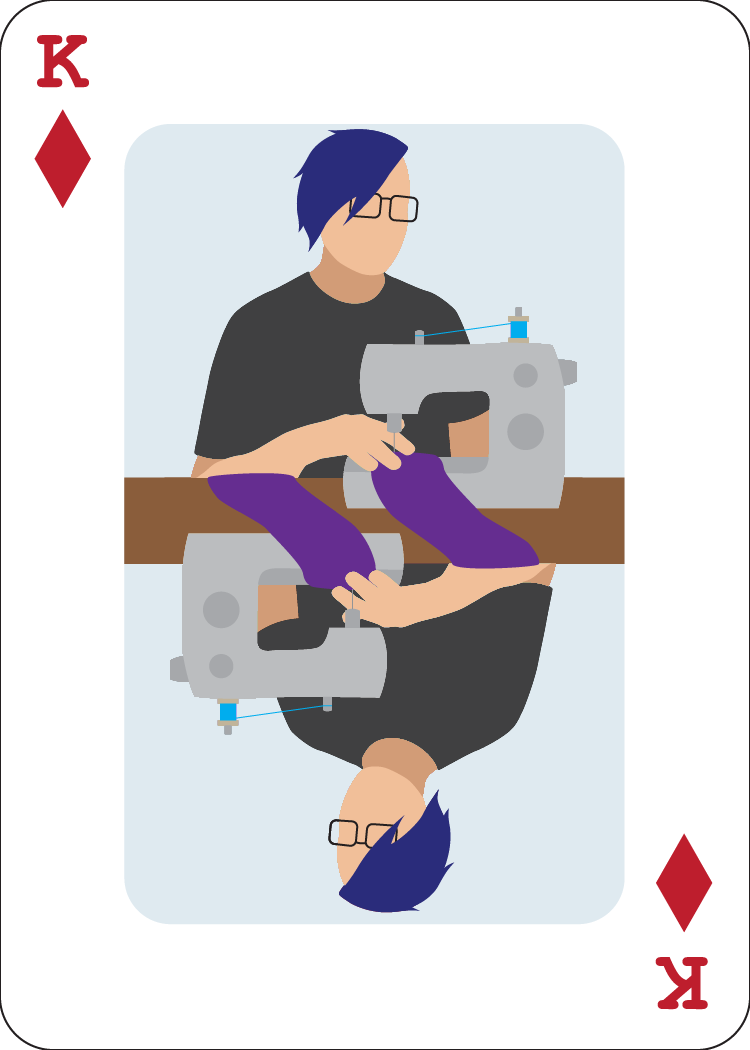 king of diamonds - christopher sewing with a sewing machine