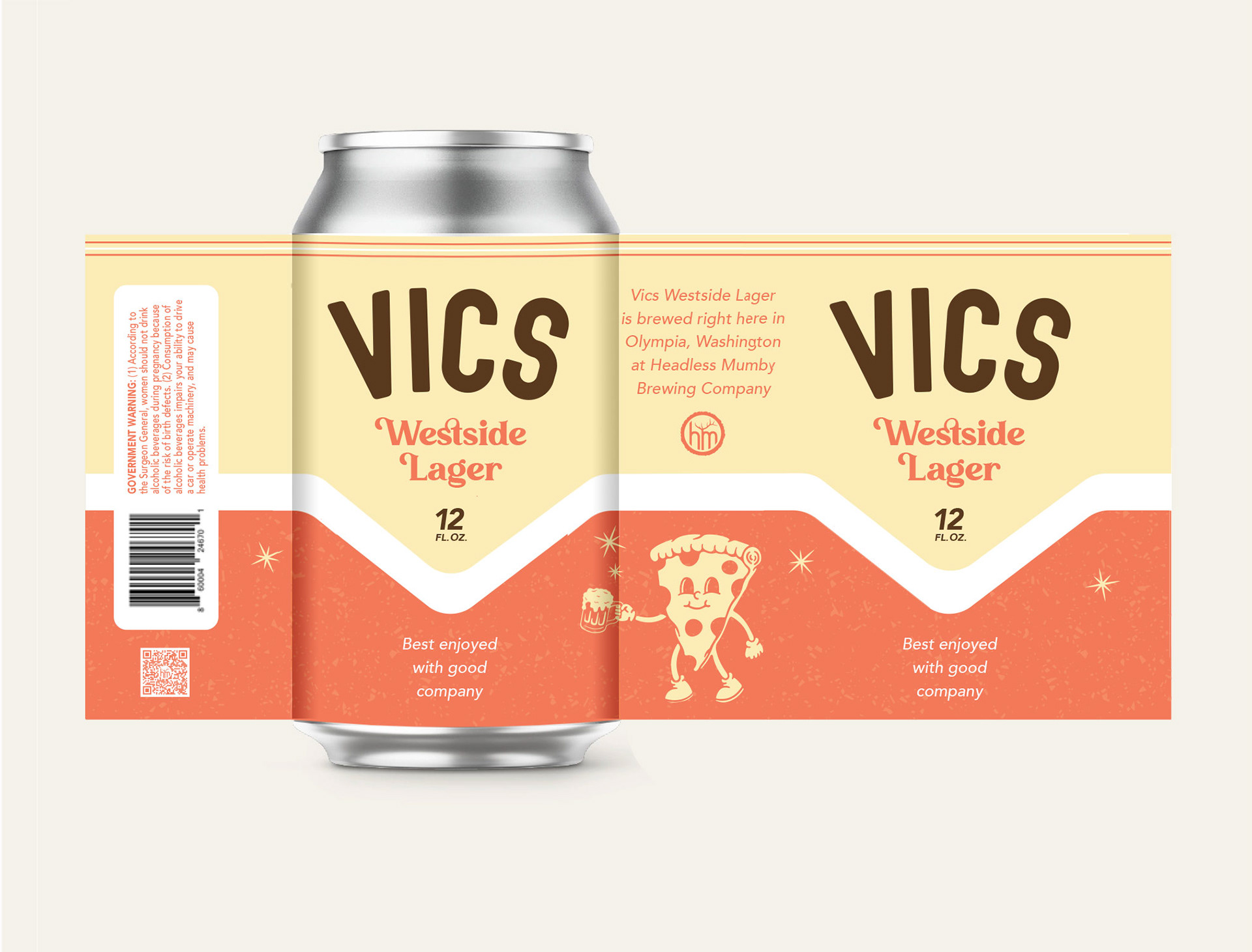 Special edition Vics Westside Lager can labels for Vic's Pizzeria in Olympia, Washington