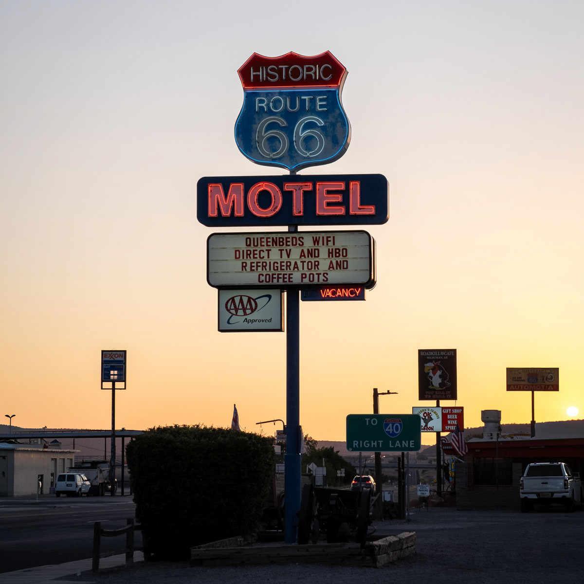 Route 66 sign at sunset