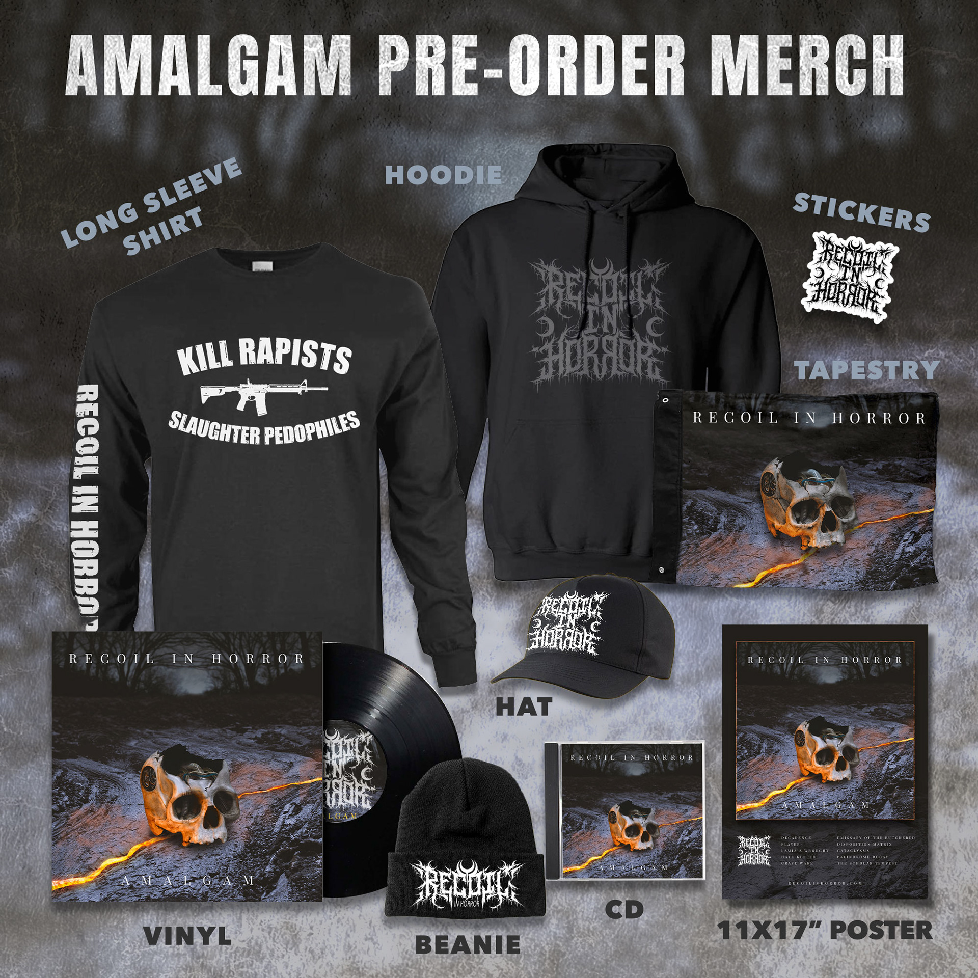Mockup created for Recoil in Horror's album release. This worked as both a mockup of what a presale graphic would look like and my recommendations of items to sell as part of the album release.