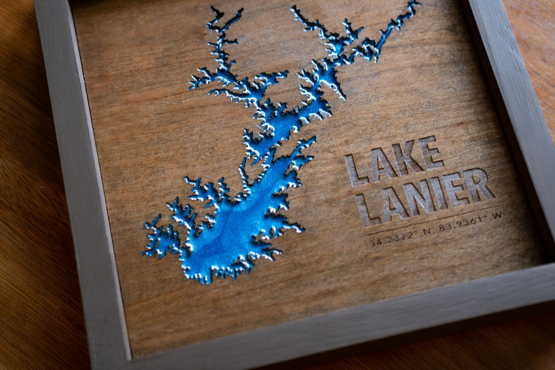 Lake map. Designed, laser cut and filled with epoxy resign, framed and photographed
