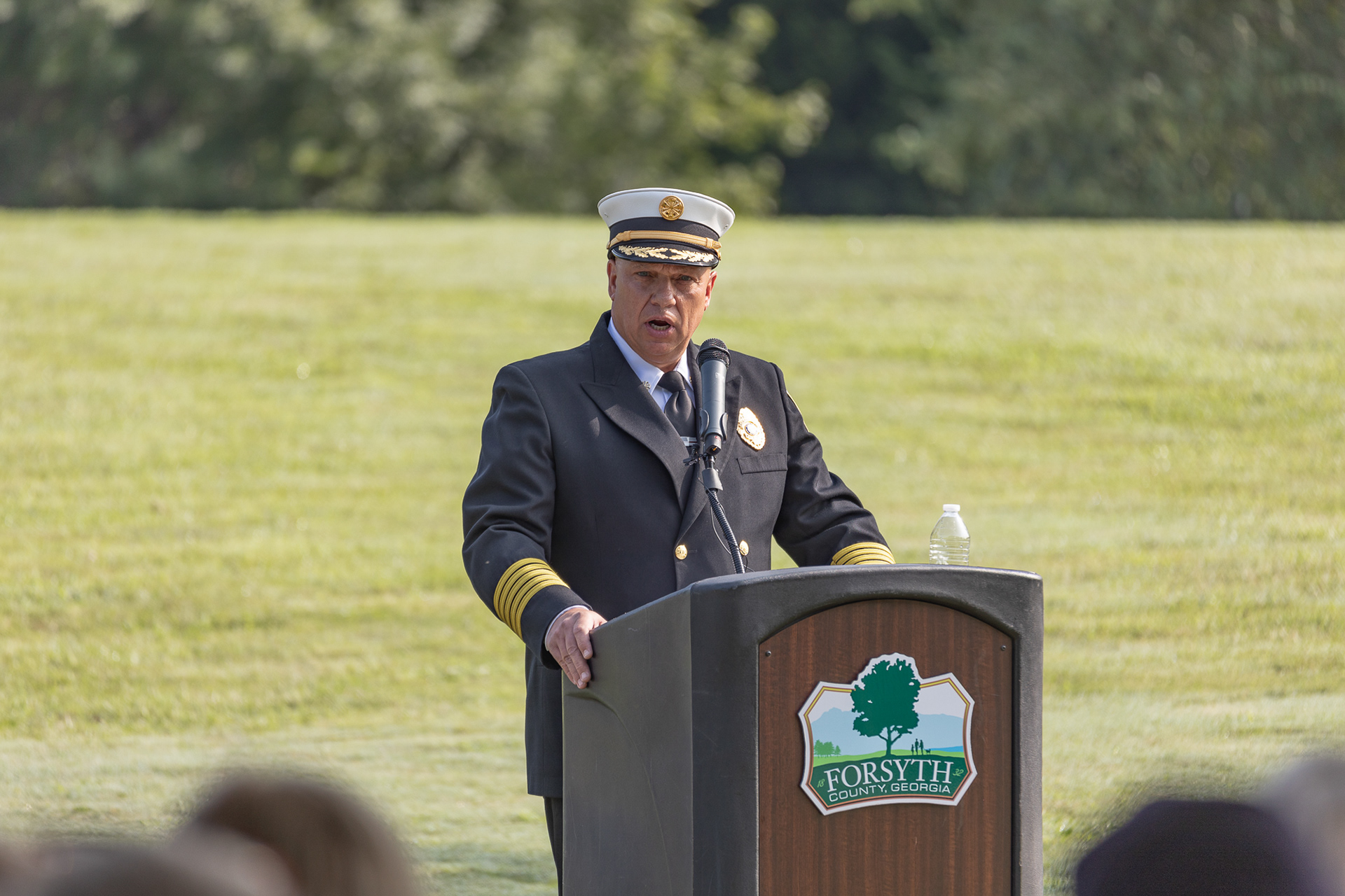 Fire Chief Barry Head addressing crowd at 9-11 Event
