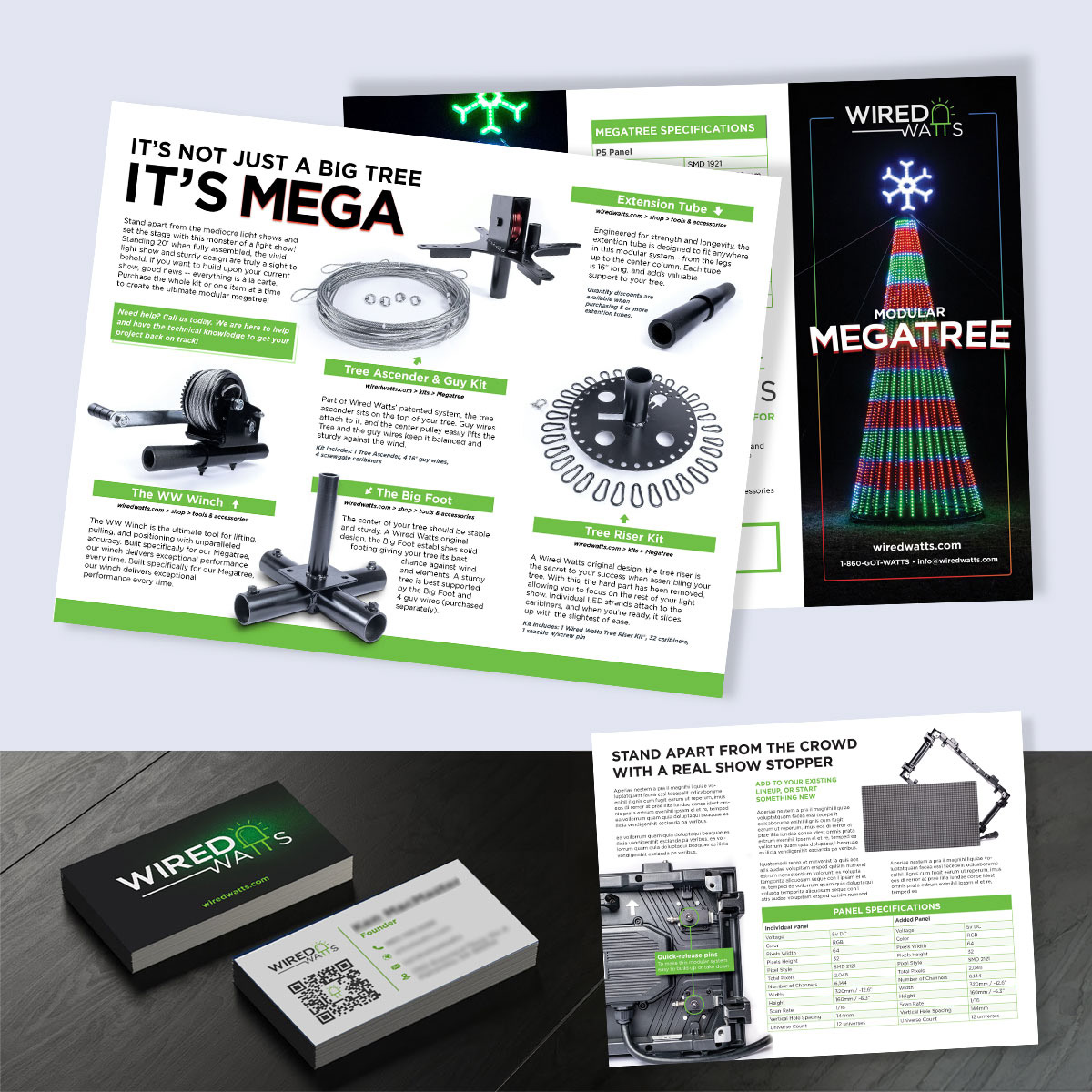 Brochures, product photography, and custom branded business cards for Wired Watts