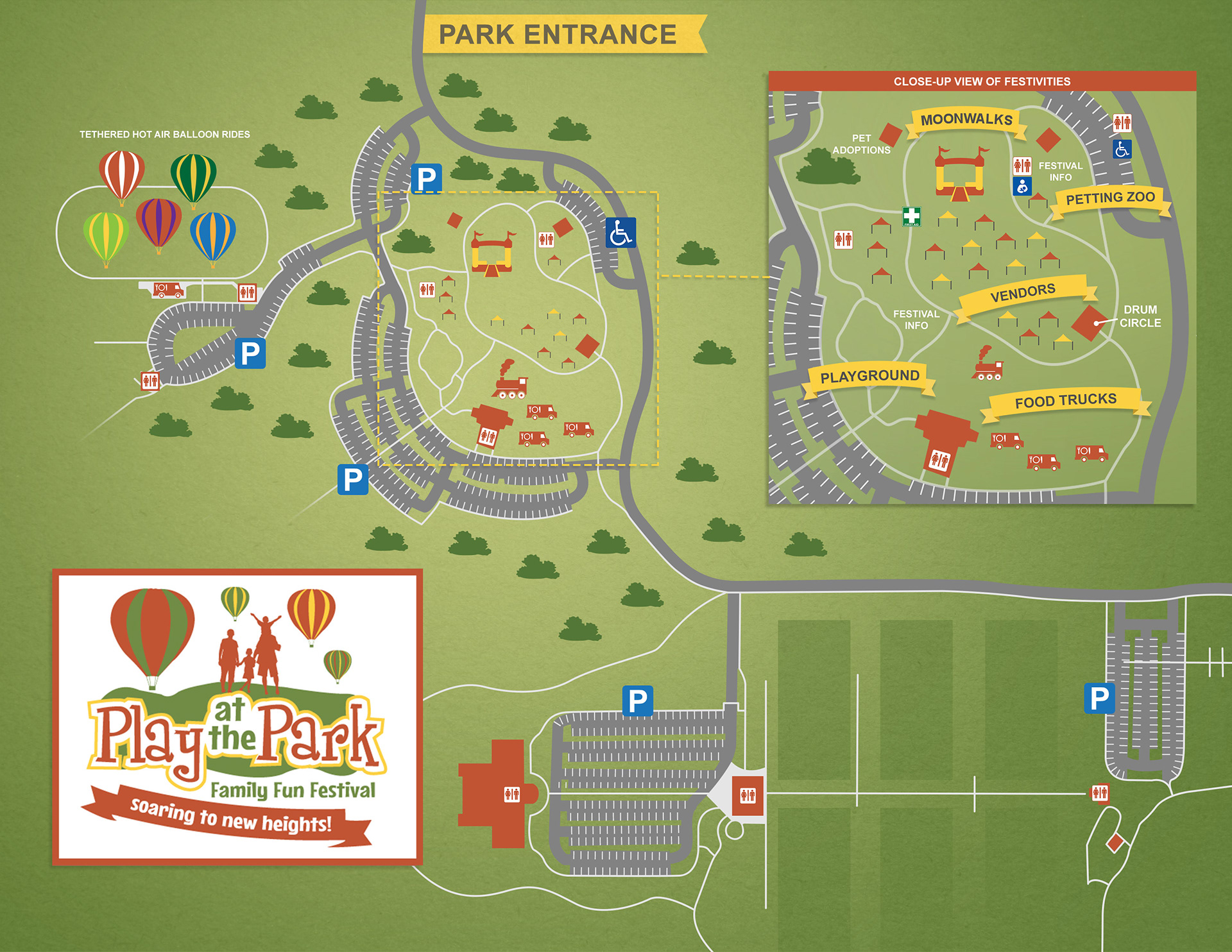 Festival map designed to match aesthetic of older outdated map. This new one included new festival areas and a wider view to show parking areas.