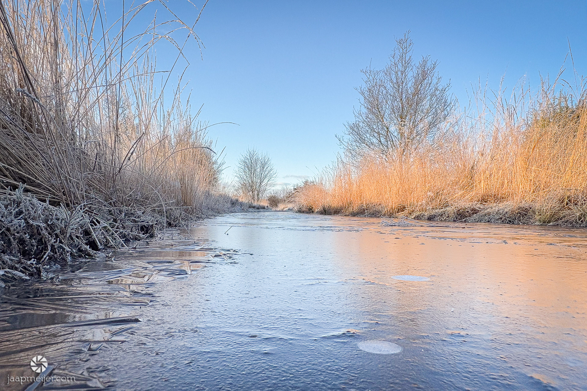 Bevroren wandelpad; iphone vlak boven het ijs