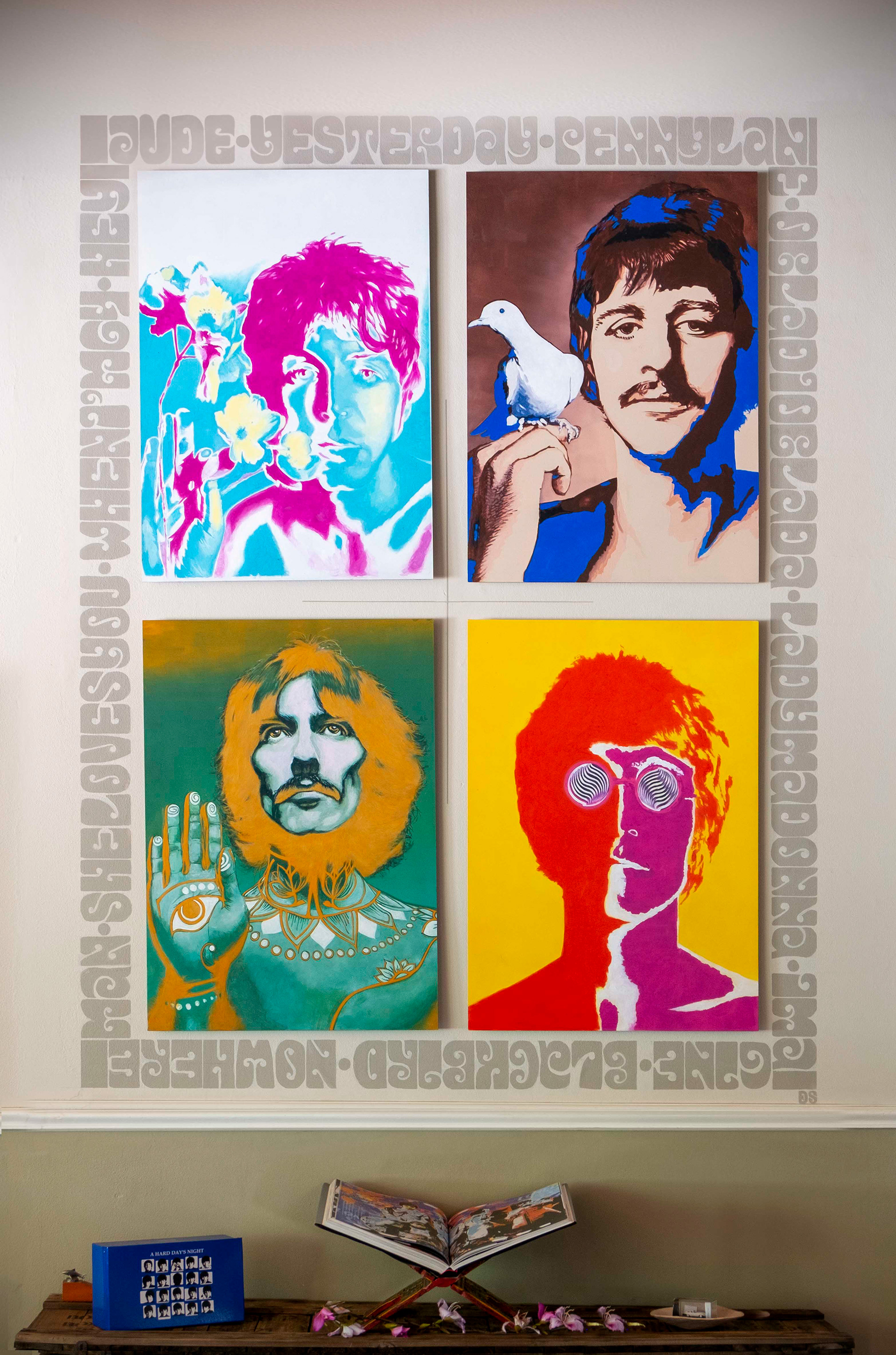 BEATLES, hand-painted copy in PVA on Di-Bond after Andy Warhol's silk-screen prints. Ca. 1,45 m x 2,6 m