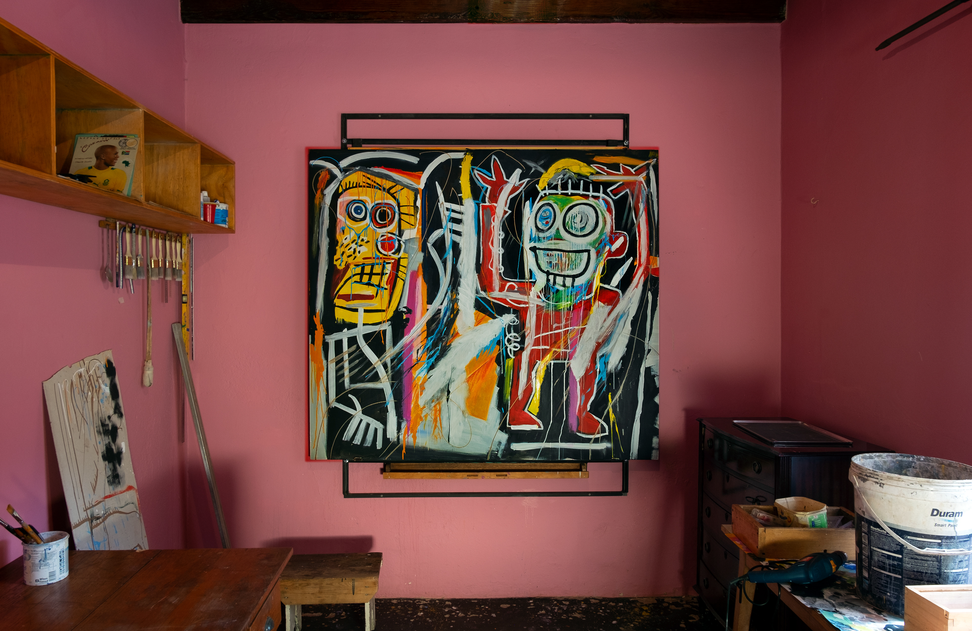 DUSTHEADS, a copy after a painting of Jean-Michel Basquiat , 2022 , Franschhoek, South, Africa, PVA-paint, oilstick, spraypaint , enamel and metal-paint on canvas, 160 cm x 180 cm