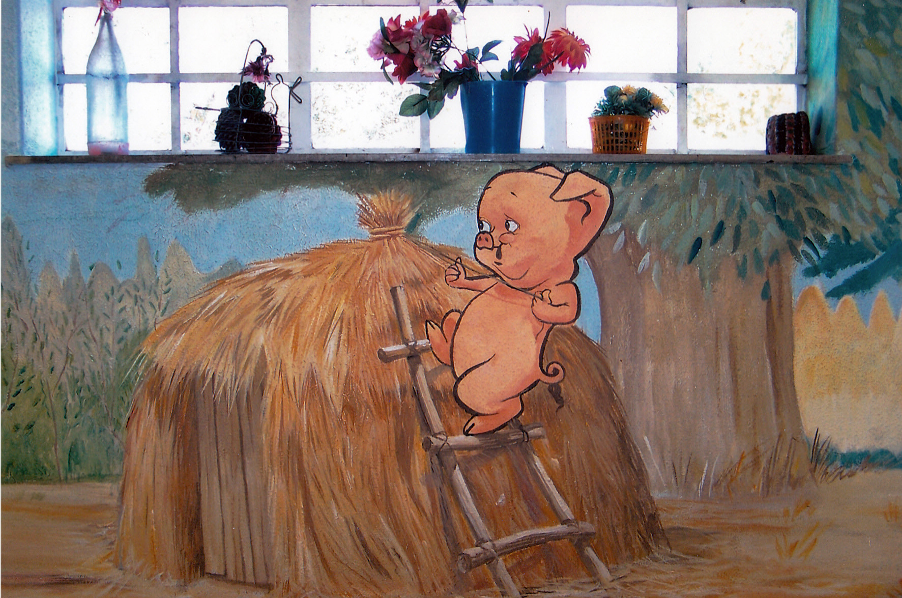 THE THREE PIGLETS, for the Grade R classroom at Groendal Primary School in Franschhoek, South-Africa. Based on illustration in a fairy tale book at the classroom in PVA-paint on plaster.