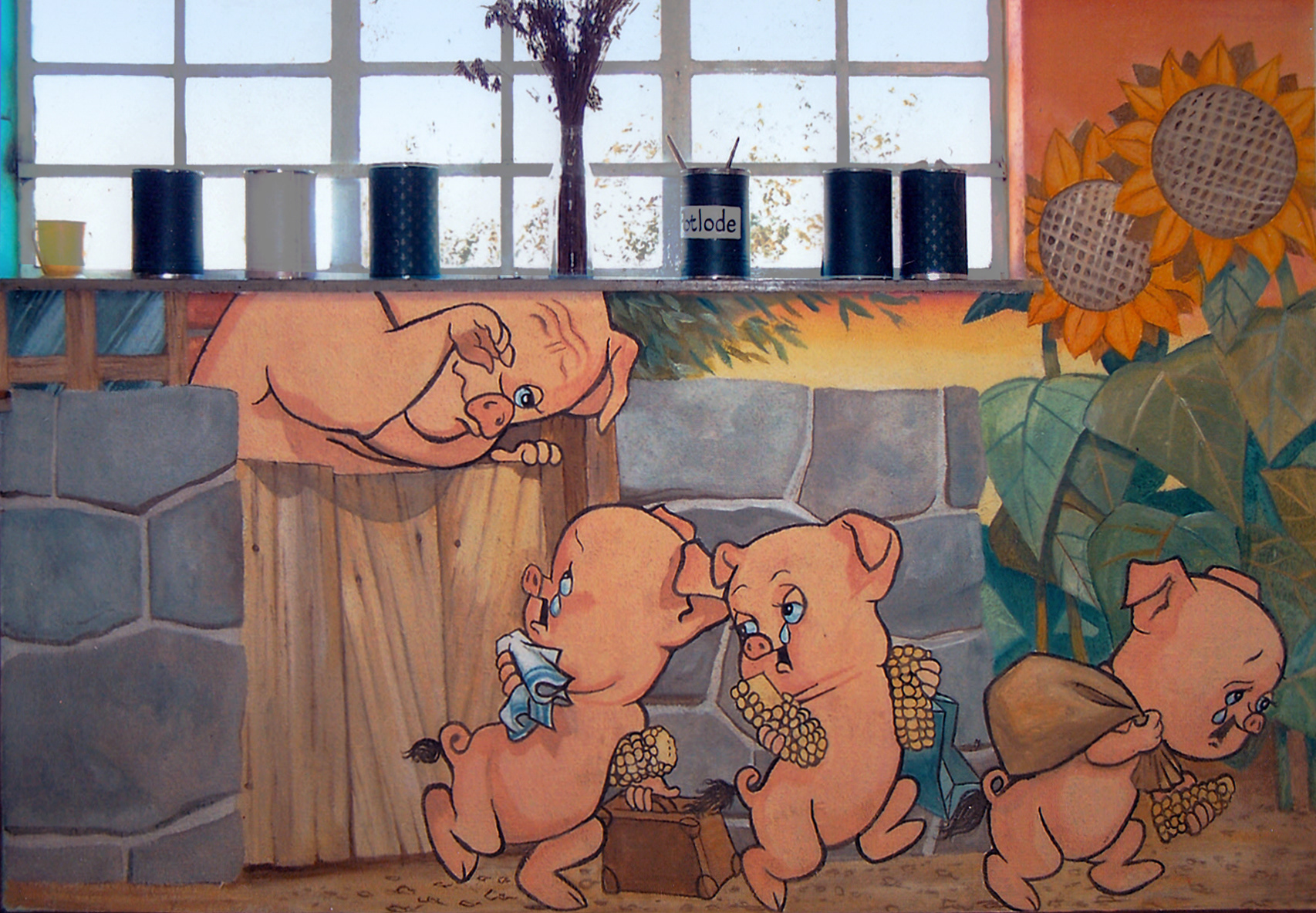 THE THREE PIGLETS, for the Grade R classroom at Groendal Primary School in Franschhoek, South-Africa. Based on illustration in a fairy tale book at the classroom in PVA-paint on plaster.