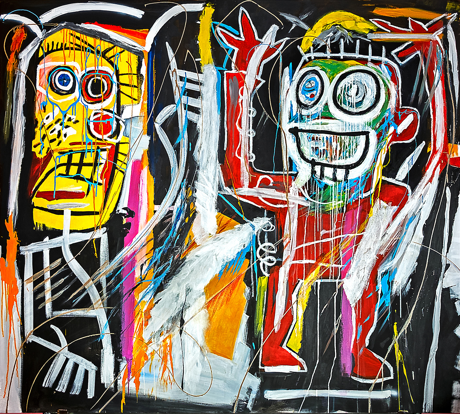 DUSTHEADS, a copy after a painting of Jean-Michel Basquiat , 2022 , Franschhoek, South, Africa, PVA-paint, oilstick, spraypaint , enamel and metal-paint on canvas, 160 cm x 180 cm