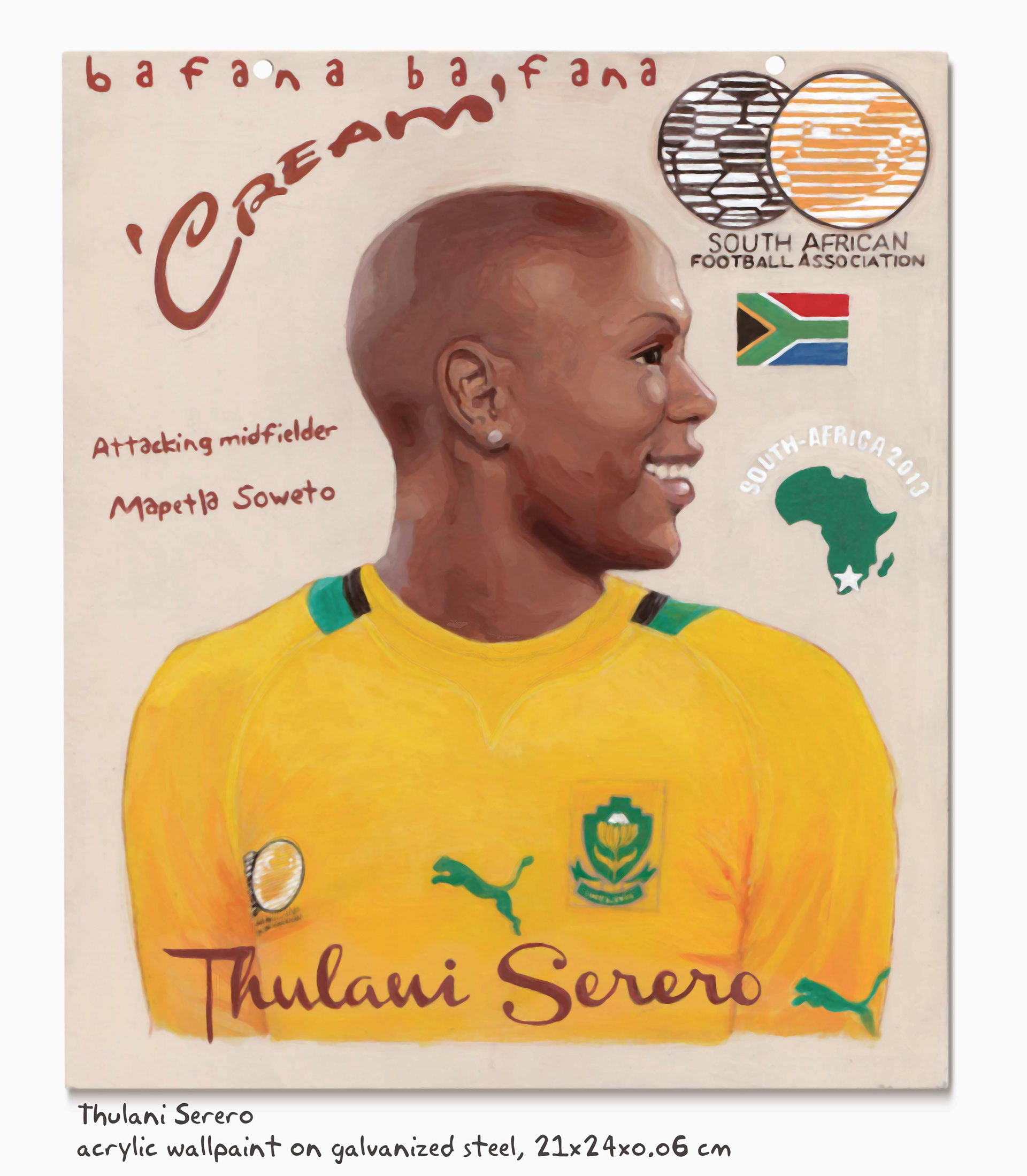Serero, portrait of Bafana Bafana striker Thulani Serero within the context of the FIFA Worldcup 2010 in South-Africa, 260 x 260, PVA-paint & varnish on metal sheet.