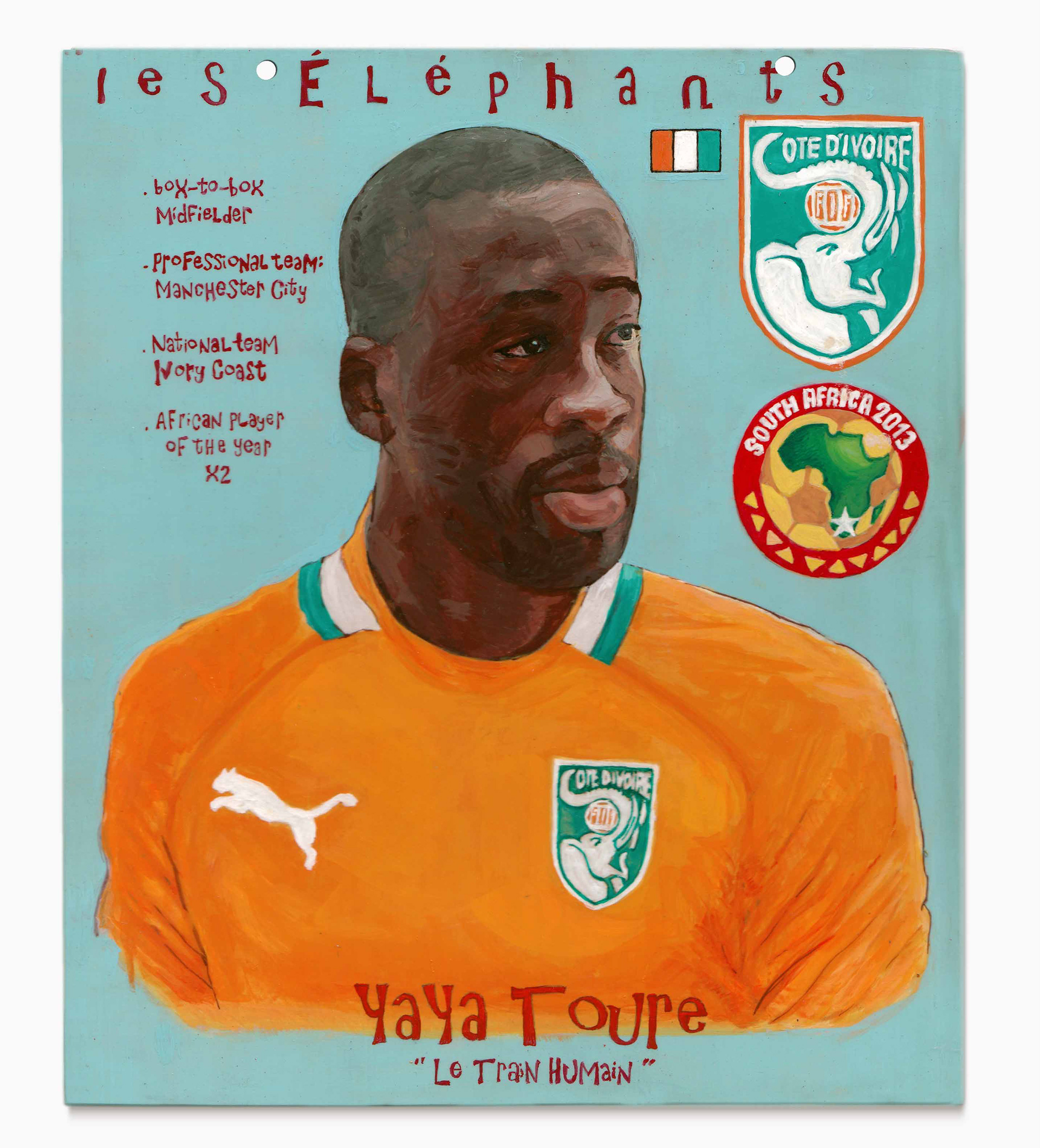 YAYA TOURÉ, portrait of the Ivorian international soccer-star and midfielder within the context of the FIFA Worldcup 2010 in South-Africa, 260 x 260, PVA-paint & varnish on metal sheet.